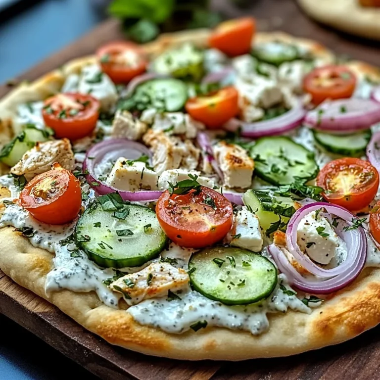 A Mediterranean-inspired naan pizza topped with tzatziki sauce