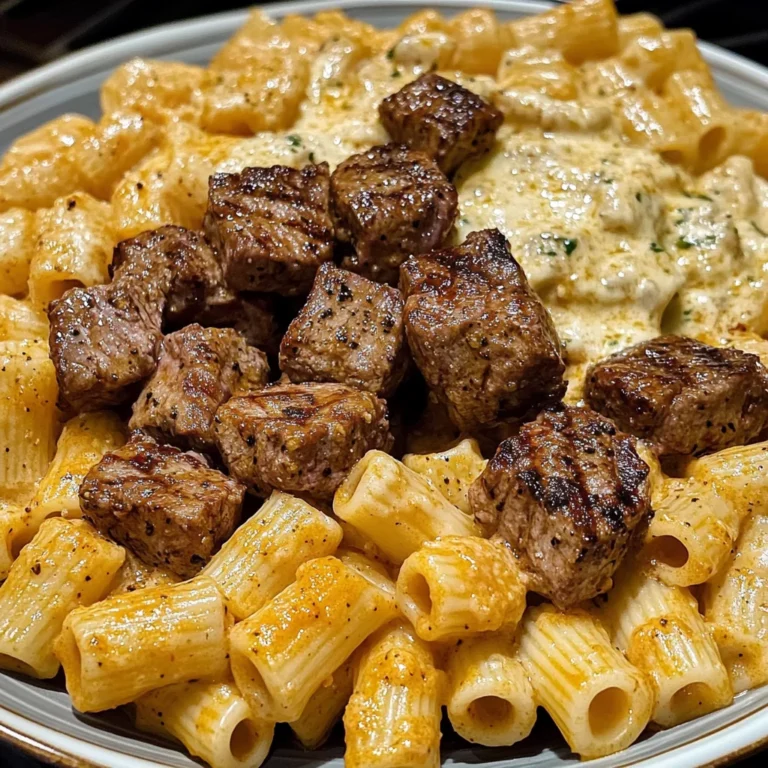 Cajun Steak Tips In Cheesy Rigatoni Parmesan Sauce