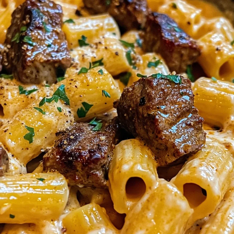Cajun Steak Tips in Cheesy Rigatoni Parmesan Sauce