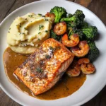 Cajun Salmon with Garlic Mashed Potatoes & Shrimp-Broccoli Saut