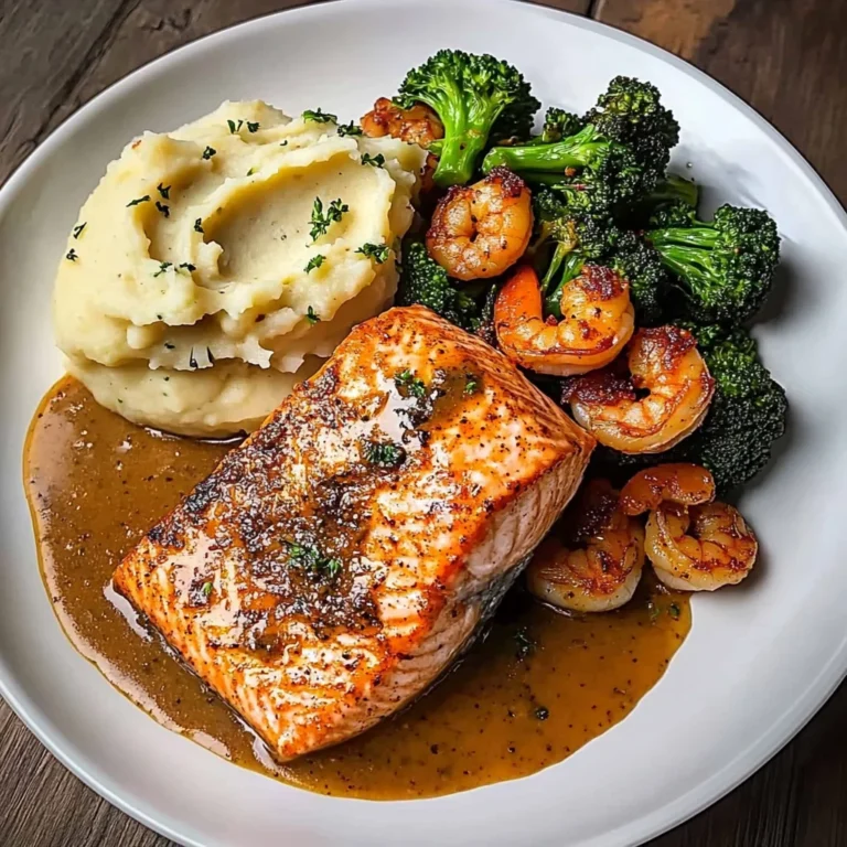 Cajun Salmon with Garlic Mashed Potatoes & Shrimp-Broccoli Saut