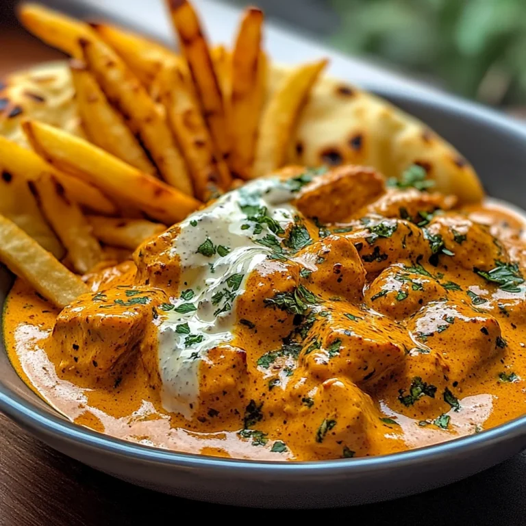 Creamy Butter Chicken with Garlic Drizzle, Fries & Warm Naan