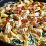 Creamy Chicken Pasta with Spinach, Bacon, and Cheese