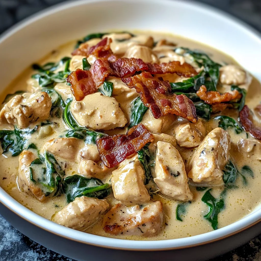 Creamy Chicken Stroganoff with Spinach and Crispy Bacon