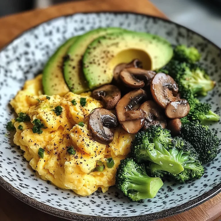 Creamy Scrambled Eggs with Avocado, Sautéed Mushrooms & Broccoli