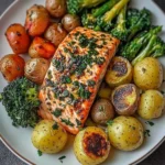 Garlic Butter Salmon with Roasted Veggies & Baby Potatoes