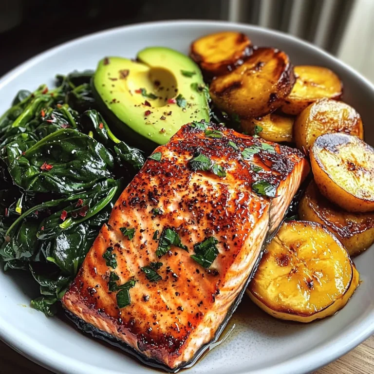 Glazed Salmon with Plantains, Spinach & Avocado Bliss Bowl