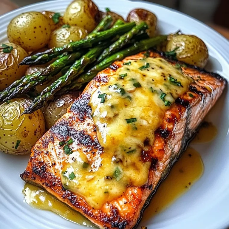 Grilled Salmon with Garlic Potatoes & Cheesy Asparagus