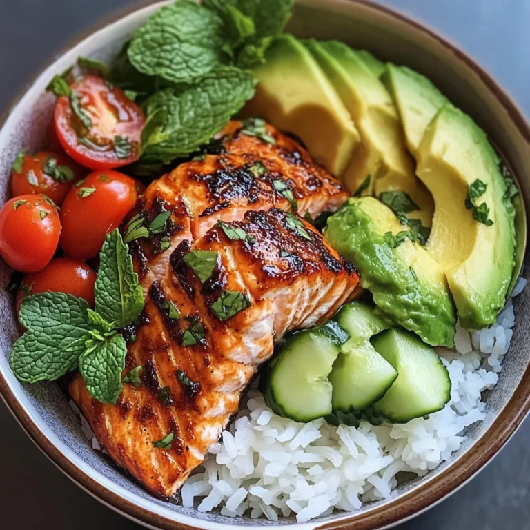 Honey-Glazed Salmon Bowl with Rice, Avocado, Cucumber & Tomato Herb Salad