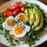 Poached Egg & Arugula Salad with Avocado, Tomato & Cream Cheese Toast