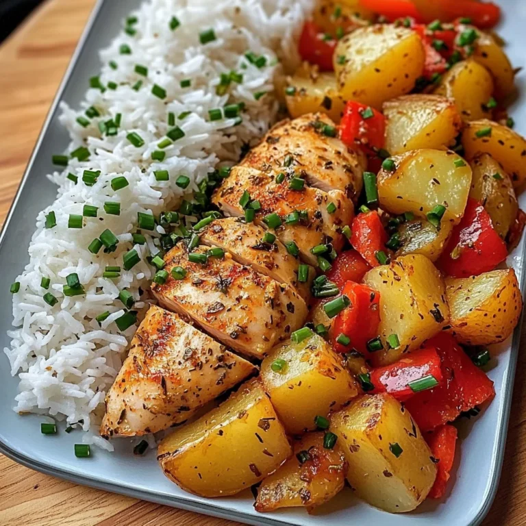 Savory Herb Chicken with Roasted Potatoes, Bell Peppers & Steamed Rice